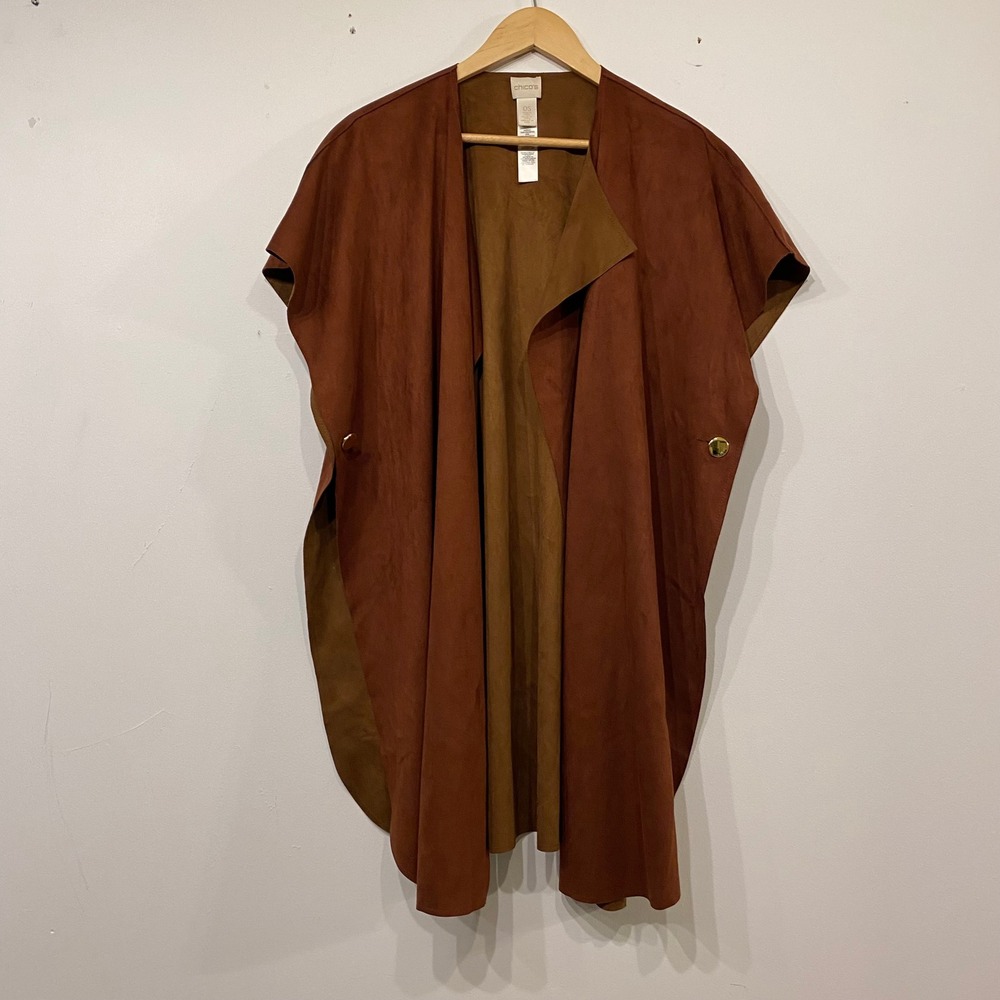Chico's Faux Suede Open Front Poncho Wrap Rust Brown Gold Button Western Boho OS